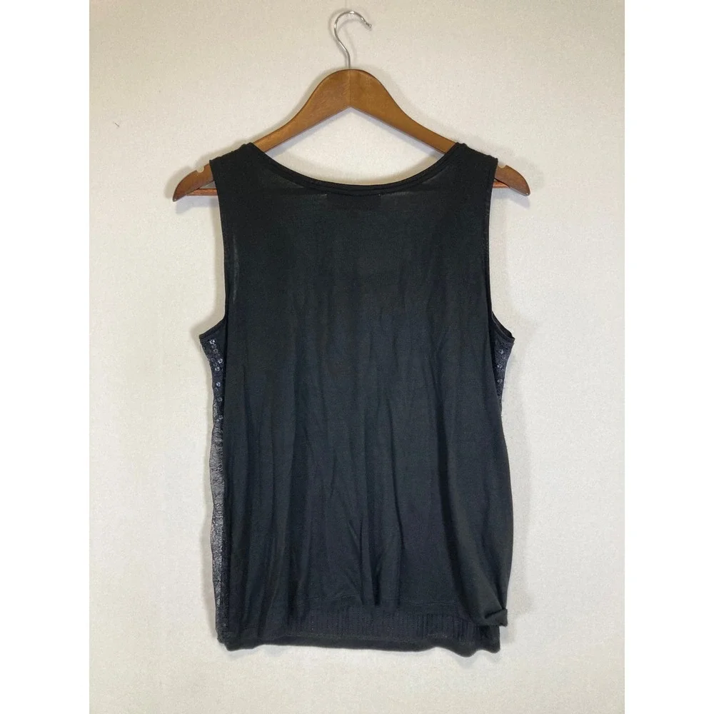 Party Glam LOFT Women Med Black Sequin Lace Front Scoop Neck Tank Top Sleeveless
